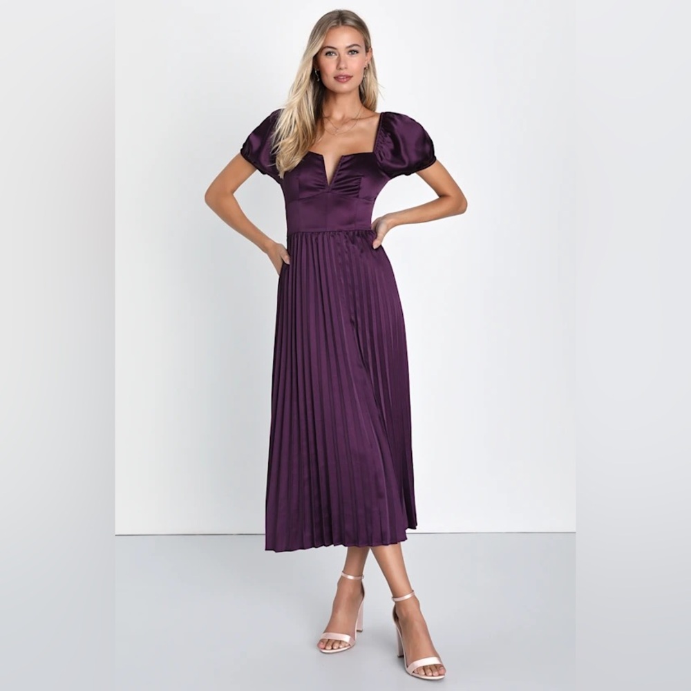 Lulus Flawless Forever Dark Purple Satin Pleated Midi Dress - Women’s M